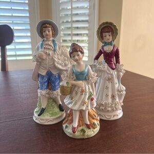 Vtg Porcelain (Dresden Style Lace) Victorian Family Figurines; Set Of 3